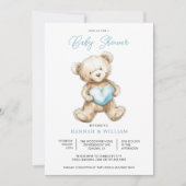 Teddy Bear Heart Boy Blue Baby Shower Kaart (Voorkant)
