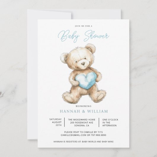 Teddy Bear Heart Boy Blue Baby Shower Kaart (Voorkant)