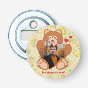 Teddy Bear Holding Hart Foto Valentijnsdag Button Flesopener