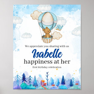 Teddy Bear Hot Air Balloon girl birthday Poster