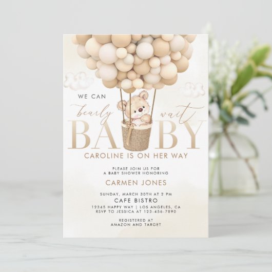 Teddy Bear Hot Air Balloons Baby shower Invitation (Debout devant)