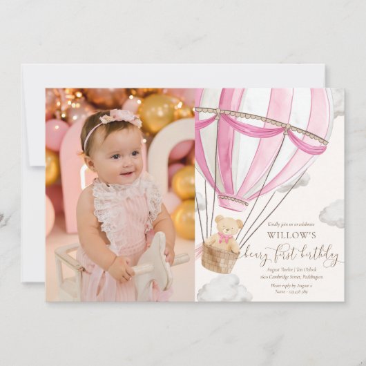 Teddy Bear Hot Hair Ballon Eerste Verjaardag Foto Kaart (Voorkant)