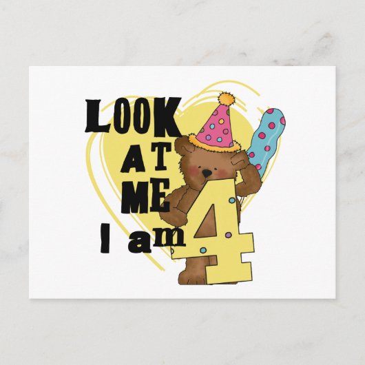 Teddy Bear Ik ben 4 Verjaardag Tshirts en Geschenk Briefkaart (Voorkant)