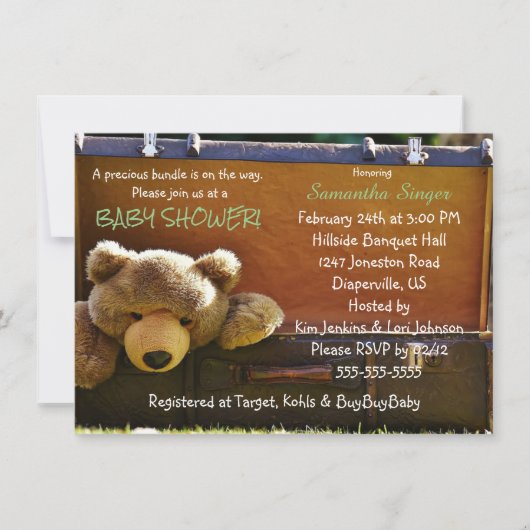 Teddy Bear in Suitcase Baby shower Invitation (Devant)