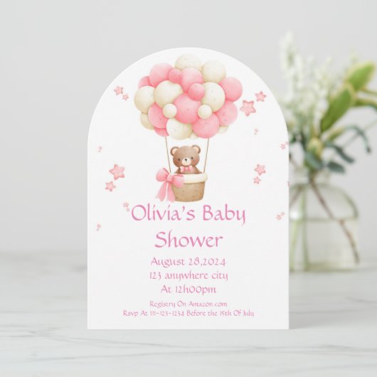 Teddy Bear invitation baby shower fille (Debout devant)