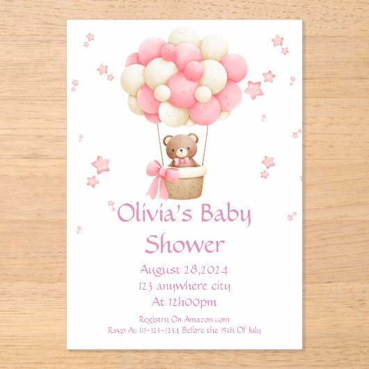 Teddy Bear invitation baby shower fille (Recto)