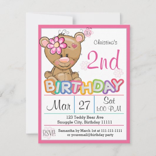 Teddy Bear Invitation de fête du 2e anniversaire (Devant)