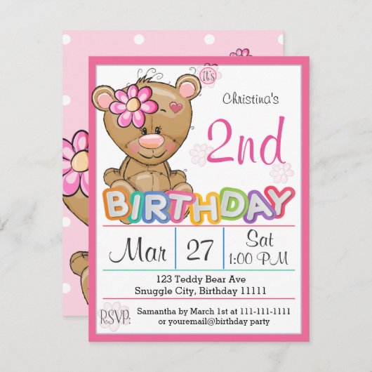 Teddy Bear Invitation de fête du 2e anniversaire (Devant / Derrière)