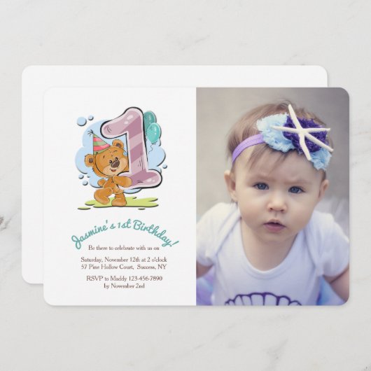 Teddy Bear Invitation photo d'un an (Devant / Derrière)