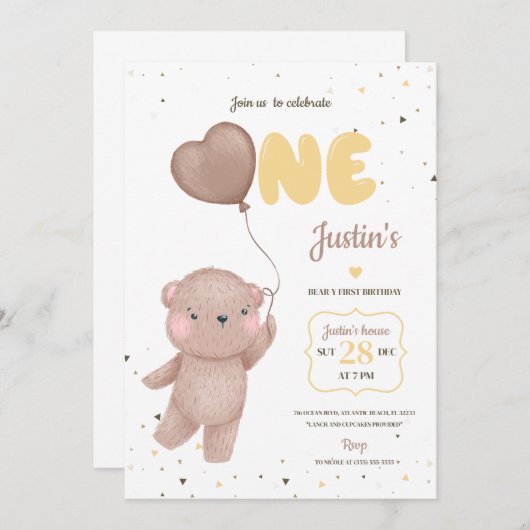Teddy Bear Invitation pour le premier anniversaire (Devant / Derrière)