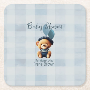 Teddy Bear Jean Baby shower Blue Vierkante Kartonnen Onderzetter