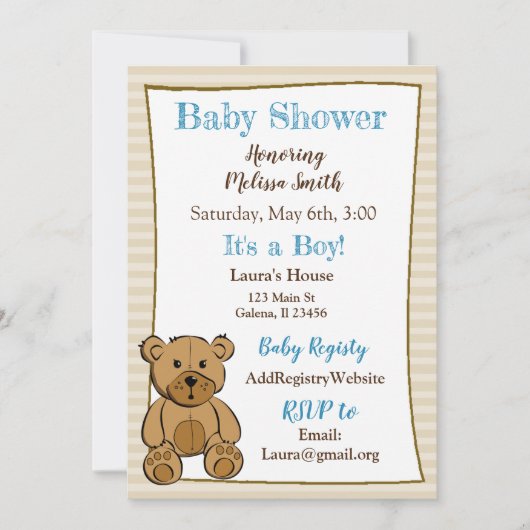 Teddy Bear Jongen Baby Douche Uitnodigingen (Voorkant)
