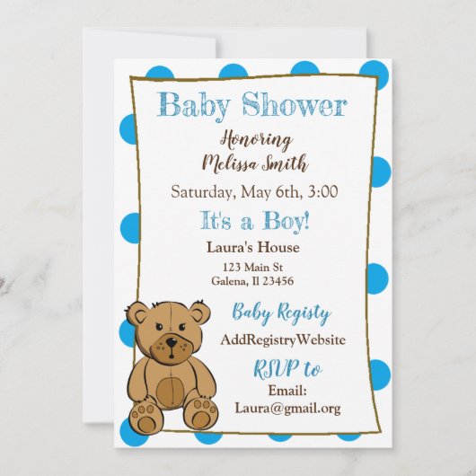 Teddy Bear Jongen Baby Douche Uitnodigingen (Voorkant)