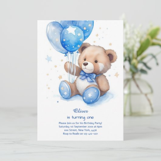 Teddy Bear Jongen Eerste Verjaardag Uitnodiging (Staand voorkant)