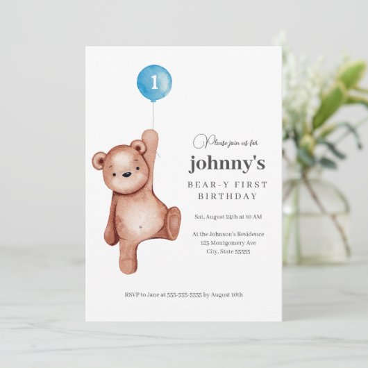 Teddy Bear Jongen Eerste Verjaardagsfeestje Kaart (Staand voorkant)