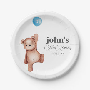 Teddy Bear Jongen Eerste Verjaardagsfeestje Papieren Bordje