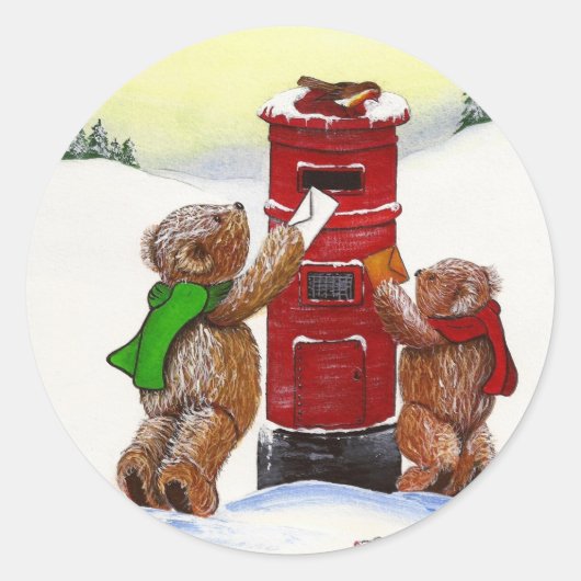 Teddy Bear-kerstkaart Ronde Sticker (Voorkant)