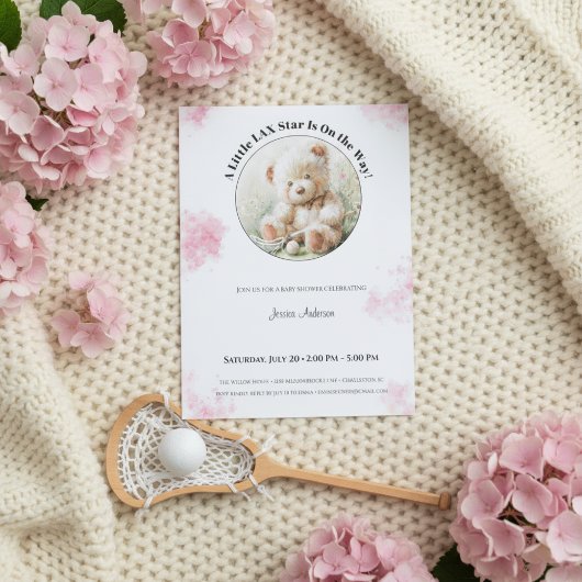 Teddy Bear Lacrosse Baby Shower Girl Invitation