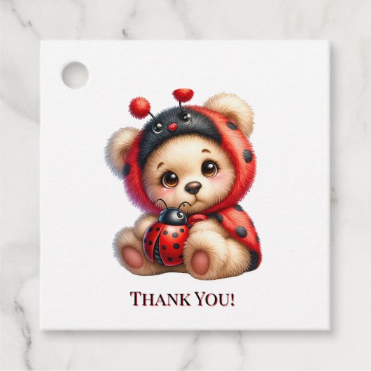 Teddy Bear Ladybug Stripes Meisje Baby shower Beda Bedankjes Labels (Voorkant)