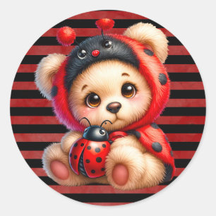 Teddy Bear Ladybug Stripes Meisje Baby shower Ronde Sticker