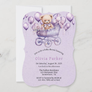 Teddy Bear Lavendel Carriage Girl Baby shower Kaart