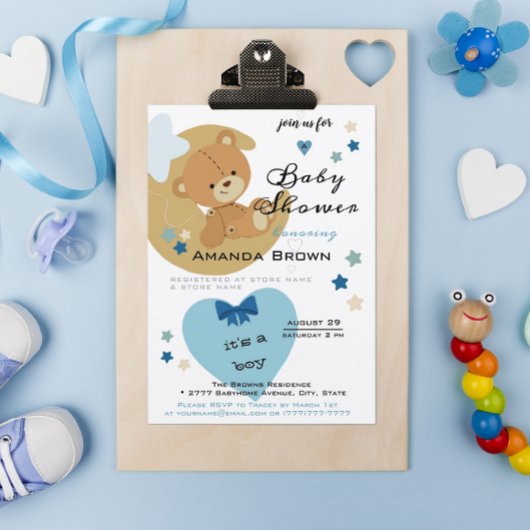 Teddy Bear Love Baby Boy Shower Invitation