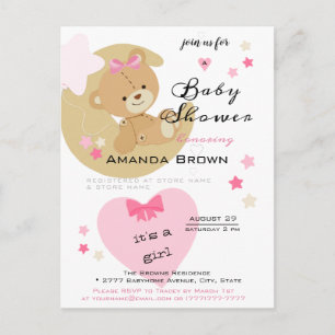 Teddy Bear Love Baby Girl Shower Invitation Briefkaart