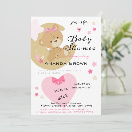 Teddy Bear Love Baby Girl Shower Kaart (Staand voorkant)