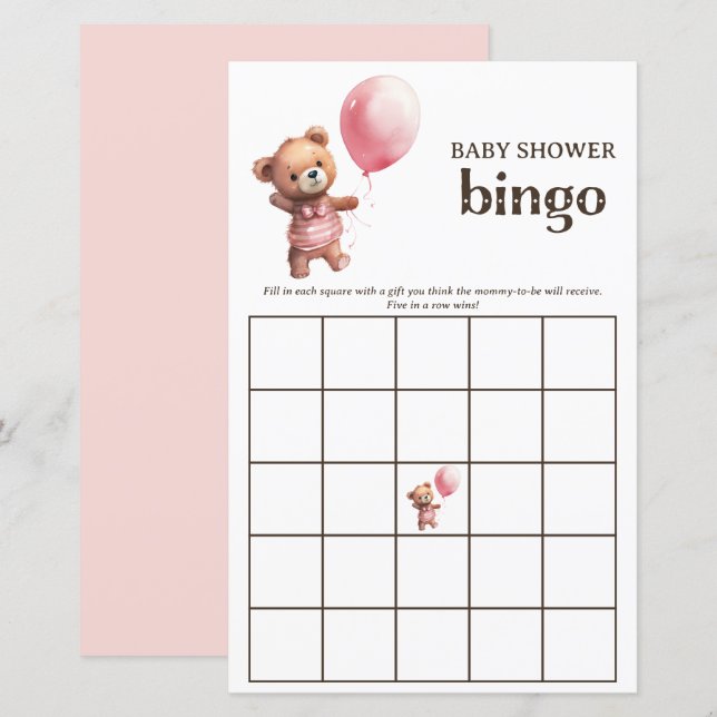 Teddy Bear Meisje Baby shower Bingo Game (Voorkant / Achterkant)