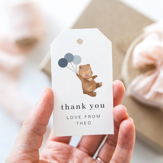 Teddy Bear met 3 blauwe ballonnen Gift Label Cadeaulabel
