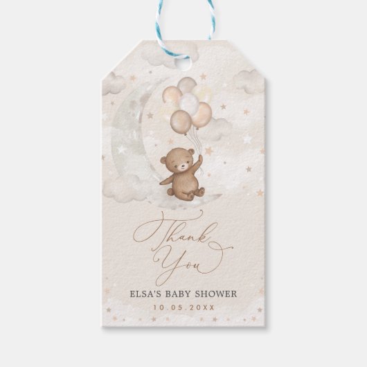 Teddy Bear met ballonnen op Crescent Moon Cadeaulabel (Voorkant)