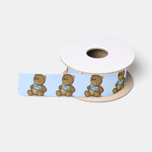 Teddy Bear met Bib op Blue Satin Ribbon Lint