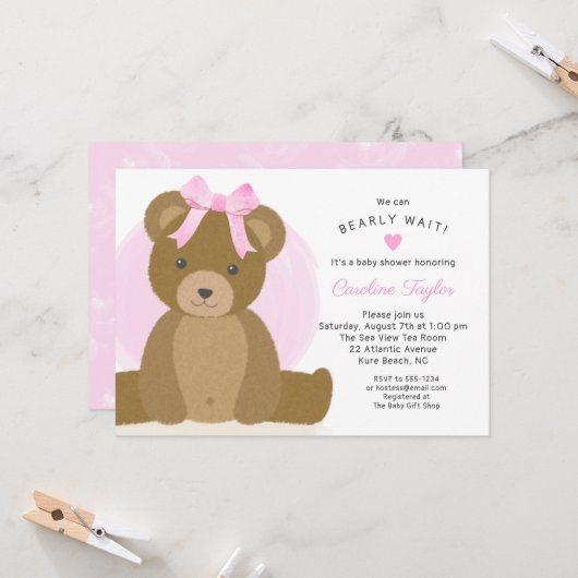 Teddy Bear met Cute Pink Bow Baby Girl Shower Kaart (Voorkant / Achterkant in situ)