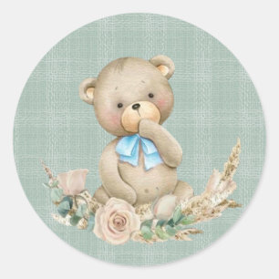 Teddy Bear met Greenery Pink Rose Boy Baby shower Ronde Sticker