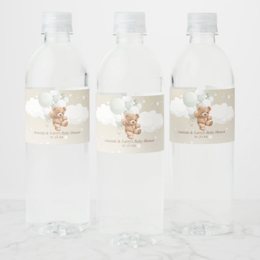 Teddy Bear met Sage en White Balloons Waterfles Etiket (Flessen)