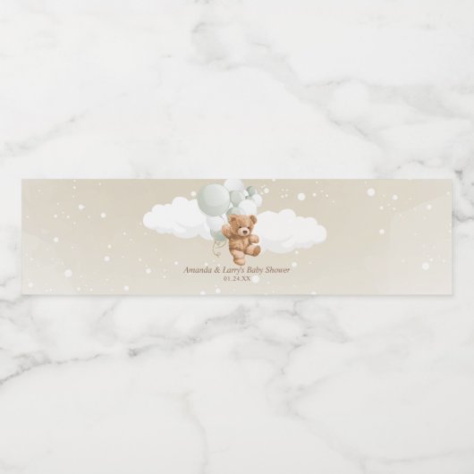 Teddy Bear met Sage en White Balloons Waterfles Etiket (Enkel label)