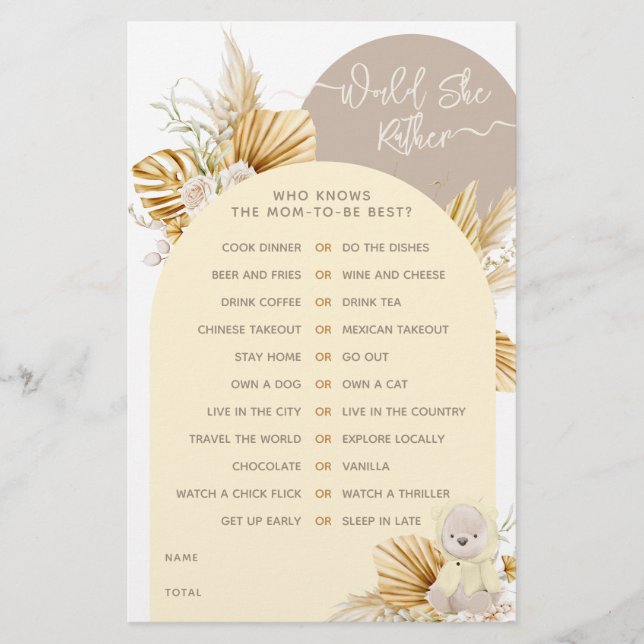 Teddy Bear Modern Boho Girl Baby shower game (Voorkant)