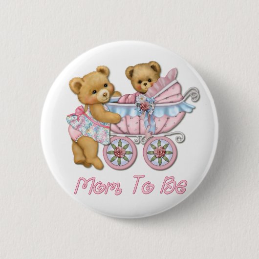 Teddy Bear - Moeder en koets - Roze Ronde Button 5,7 Cm (Voorkant)