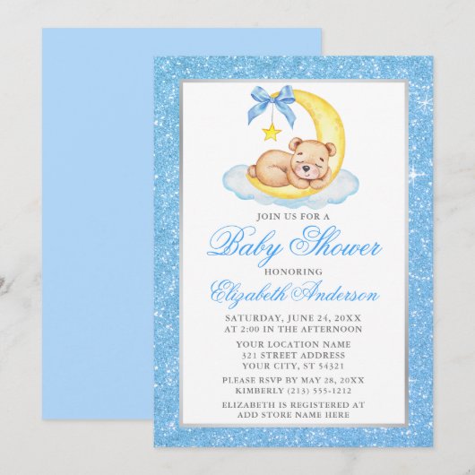 Teddy Bear Moon Blue Glitter Baby shower Kaart (Voorkant / Achterkant)