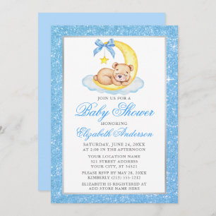 Teddy Bear Moon Blue Glitter Baby shower Kaart