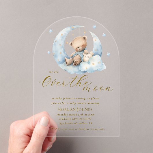 Teddy Bear Moon Over the Moon Baby shower Acryl Uitnodigingen (Insitu (Draagbaar))