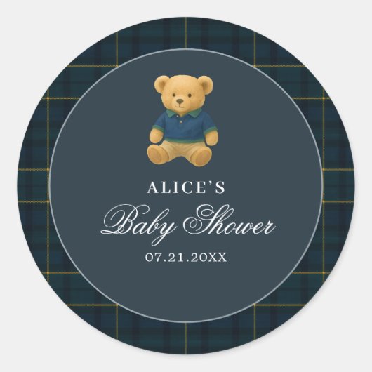 Teddy Bear Navy Blue Baby shower Ronde Sticker (Voorkant)