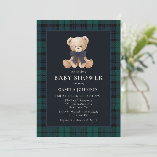 Teddy Bear Navy Plaid Baby Shower Invitation (Debout devant)