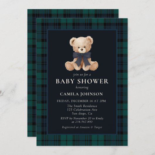Teddy Bear Navy Plaid Baby Shower Invitation (Devant / Derrière)