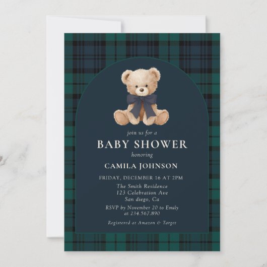 Teddy Bear Navy Plaid Baby Shower Invitation Kaart (Voorkant)