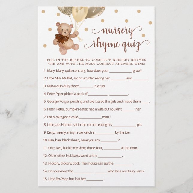 Teddy Bear Nursery Rhyme Quiz Game (Voorkant)