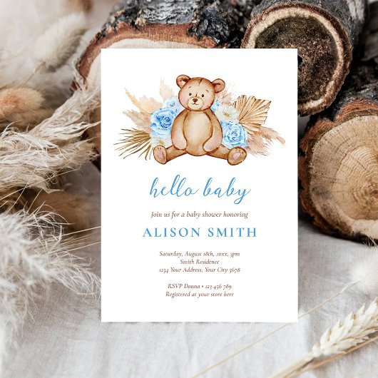 Teddy Bear Pampas Grass Hallo Baby shower Kaart