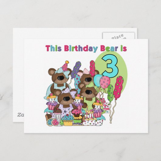Teddy Bear Party 3rd Verjaardag Tshirts en geschen Uitnodiging Briefkaart (Voorkant / Achterkant)
