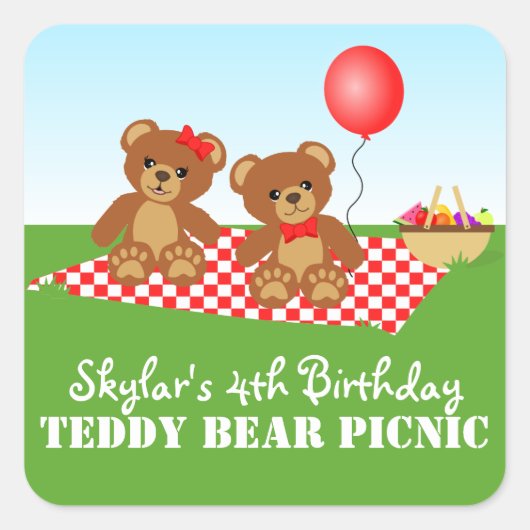 Teddy Bear Picknick Verjaardagsfeestje Vierkante Sticker (Voorkant)