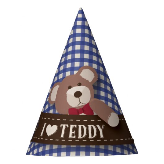 Teddy Bear Picnic Birthday - Blue Gingham Feesthoedjes (Voorkant)